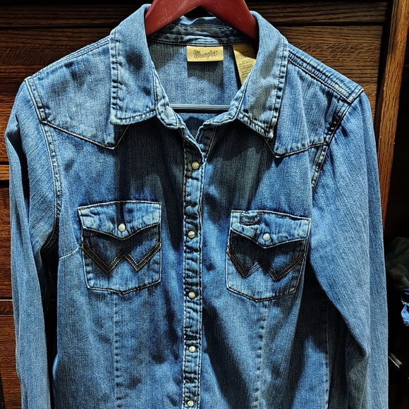 Wrangler Tops - Wrangler Distressed Blue Denim Western Shirt Size Large